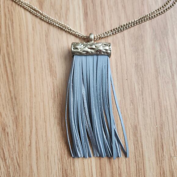 Plunder Gold Tone Multi Strand Gray Tassel Statement Layered Boho Necklace 19in - Picture 3 of 8